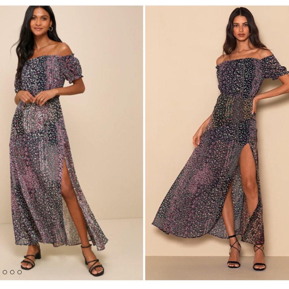 NWT - Never worn -Lulu's Neva Navy Blue Floral Print Off-the-Shoulder Maxi Dress